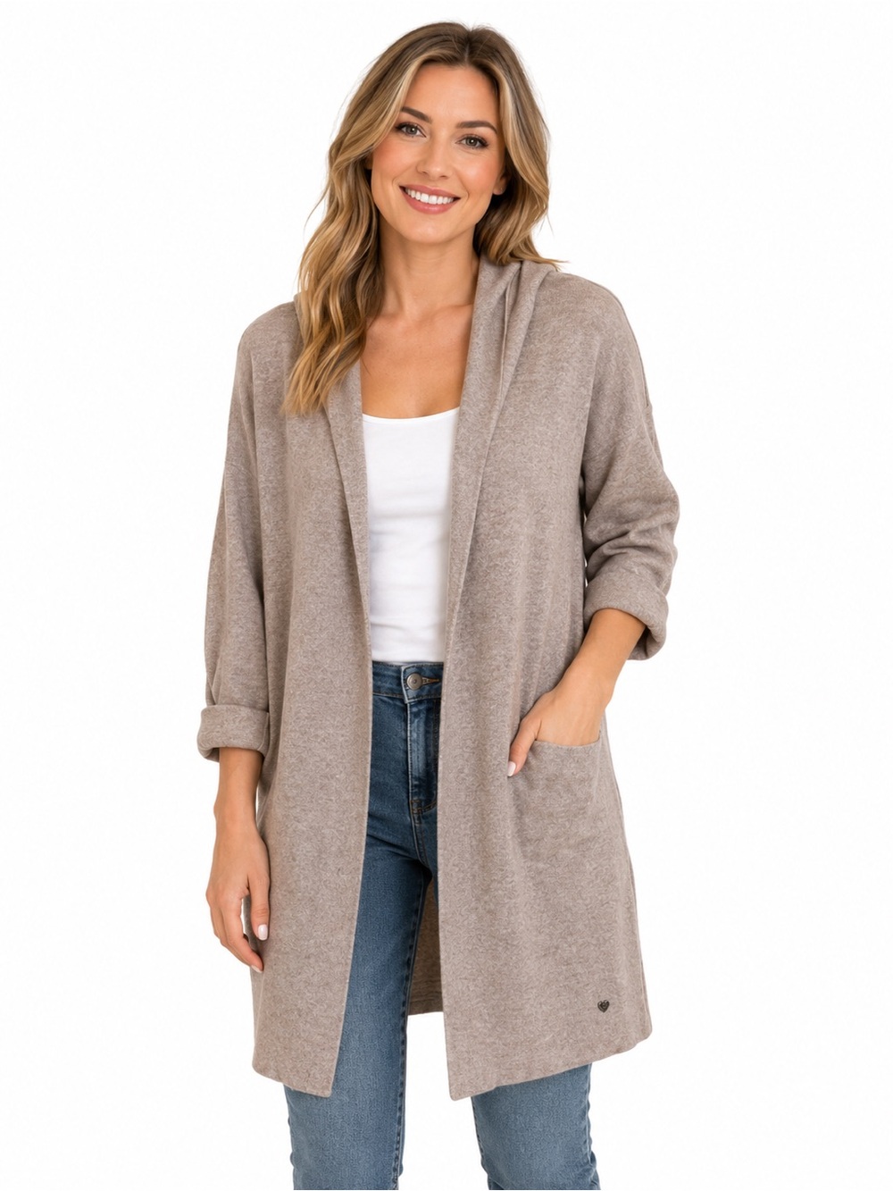 Women’s Long Hooded Cardigan Sweater Taupe Beige Open Front Viscose Blend Italy
